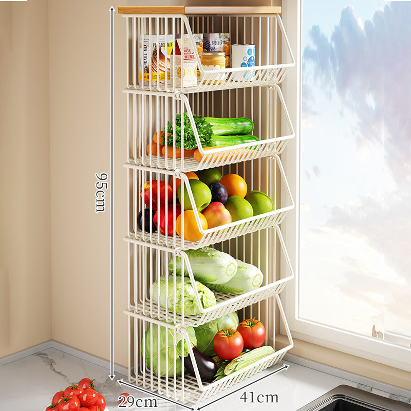 Countertop Wooden Top Metal Wire Fruit and Vegetable Storage Rack