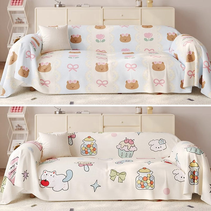 Decorative Cotton-Linen Kawaii Candy and Cat Print Sofa Slipcover