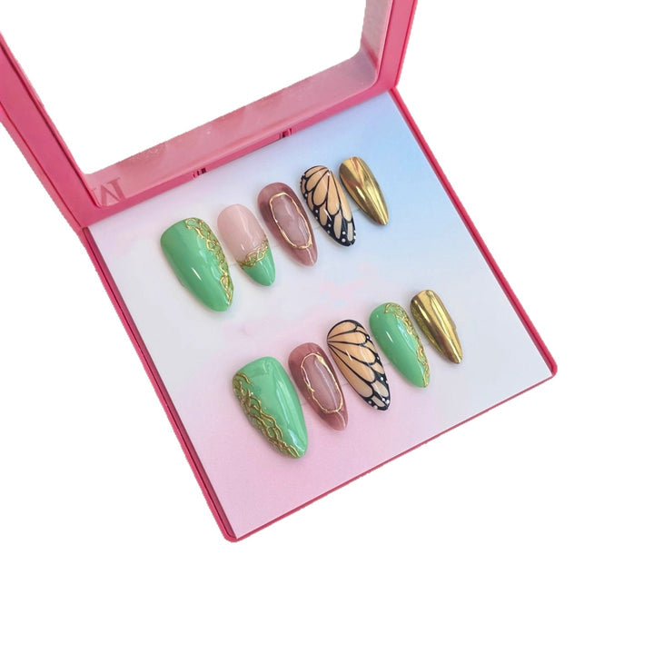 Artistic Press-On Nail Set with Elegant Butterfly and Floral Accents