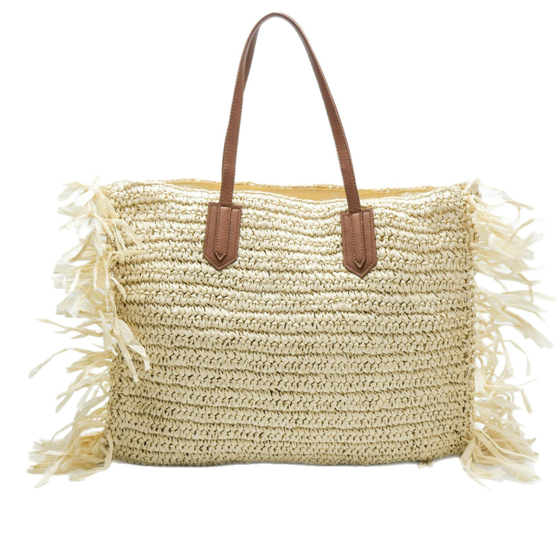 Beach bag made of handwoven straw with fringes Kalsten