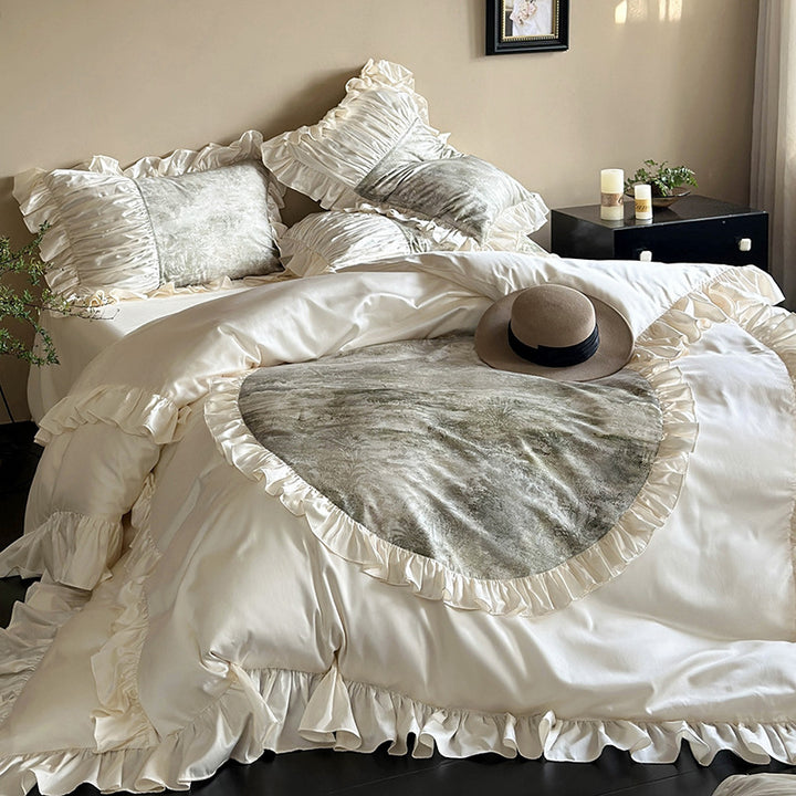 Luxurious Ruffle Bedding Set with Velvet Heart Appliqué