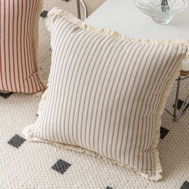 Square Striped Canvas Throw Pillow with Natural Fringe Trim