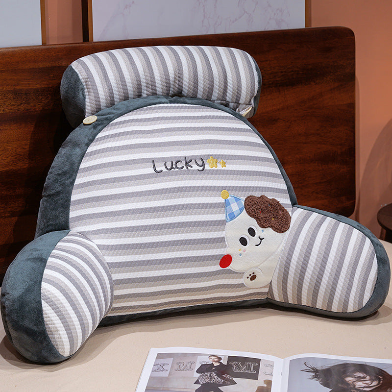 Ergonomic bed and reading pillow with neck roll, armrests and embroidered dog motif