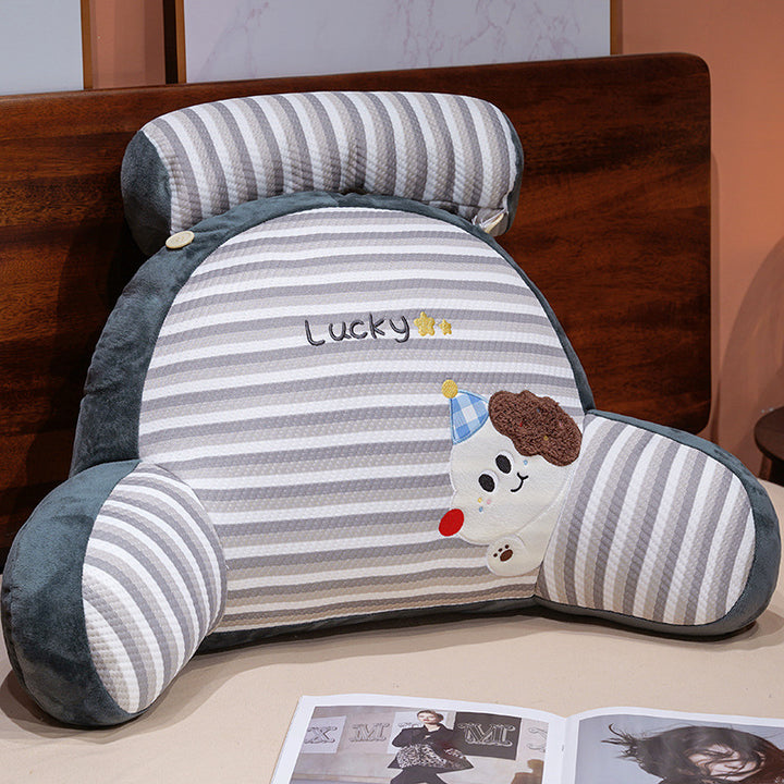 Ergonomic bed and reading pillow with neck roll, armrests and embroidered dog motif