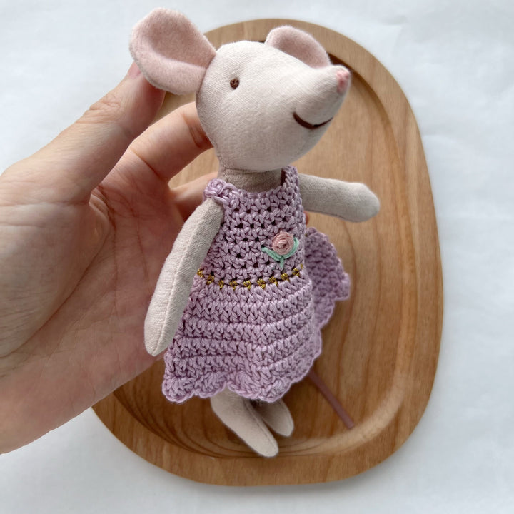 Handcrafted Cotton Plush Mouse Doll with Crochet Dress