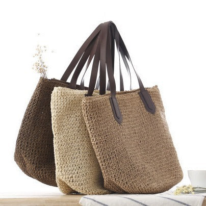 Handbag Made of Woven Natural Material with Sturdy Leather Handles Kalsten