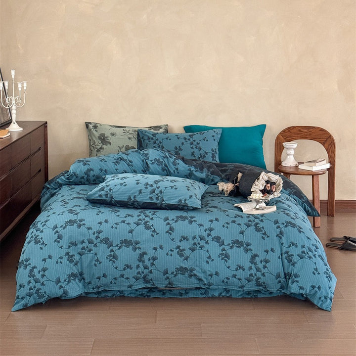 Premium cotton bedding set with floral all-over woven texture and light quilting