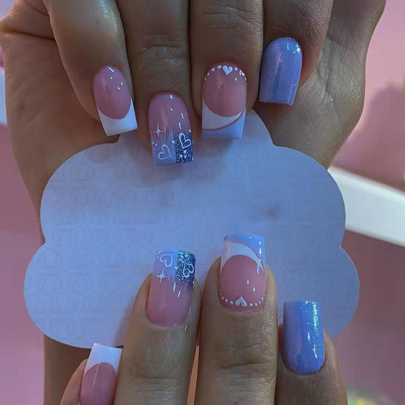 Artistic Press-On Nail Set with Heart and Glitter Design Kalsten