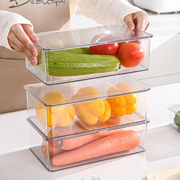 Plastic storage box with ribbed clip lid and stackable design