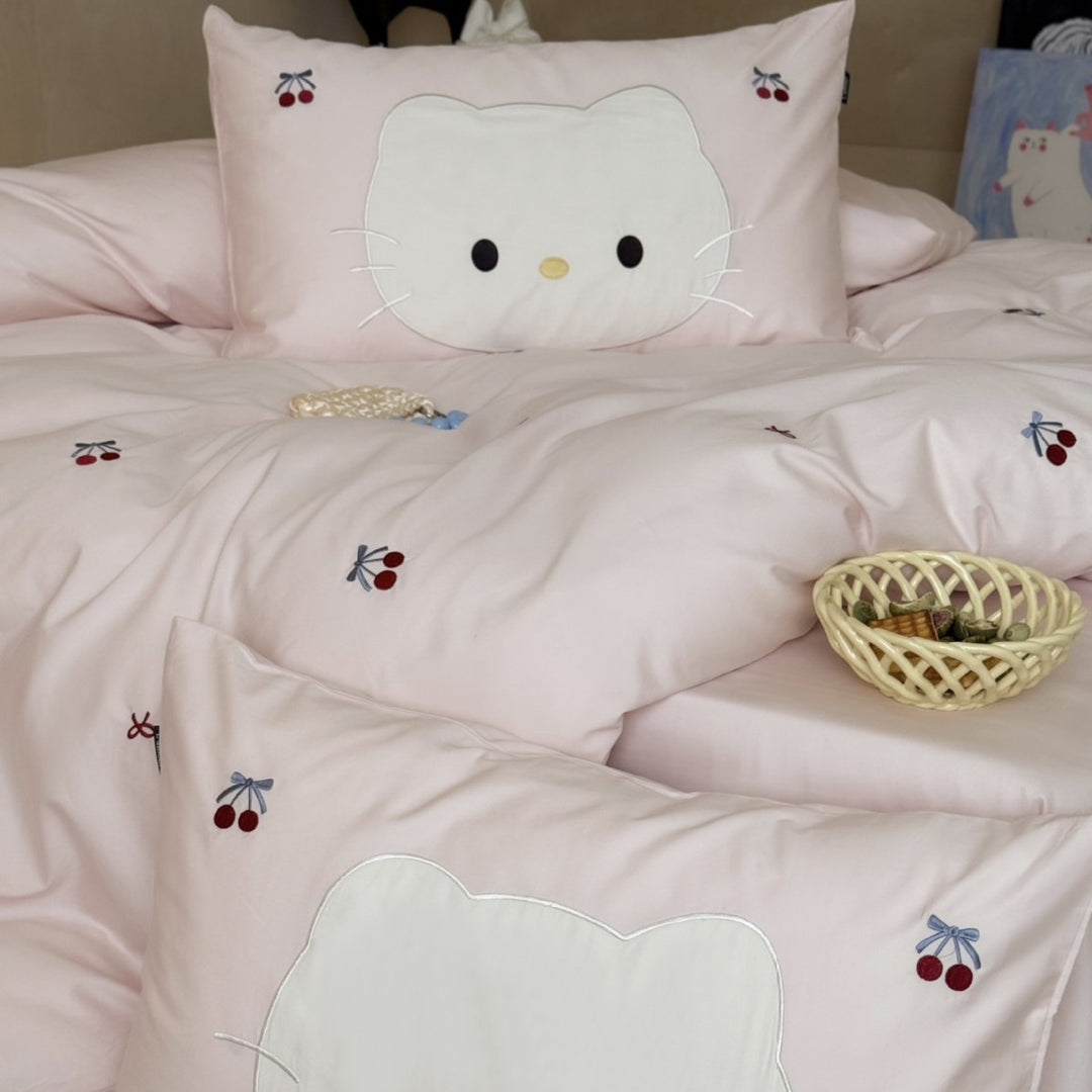 Cute embroidered bedding set with cat applique and cherry motif Kalsten