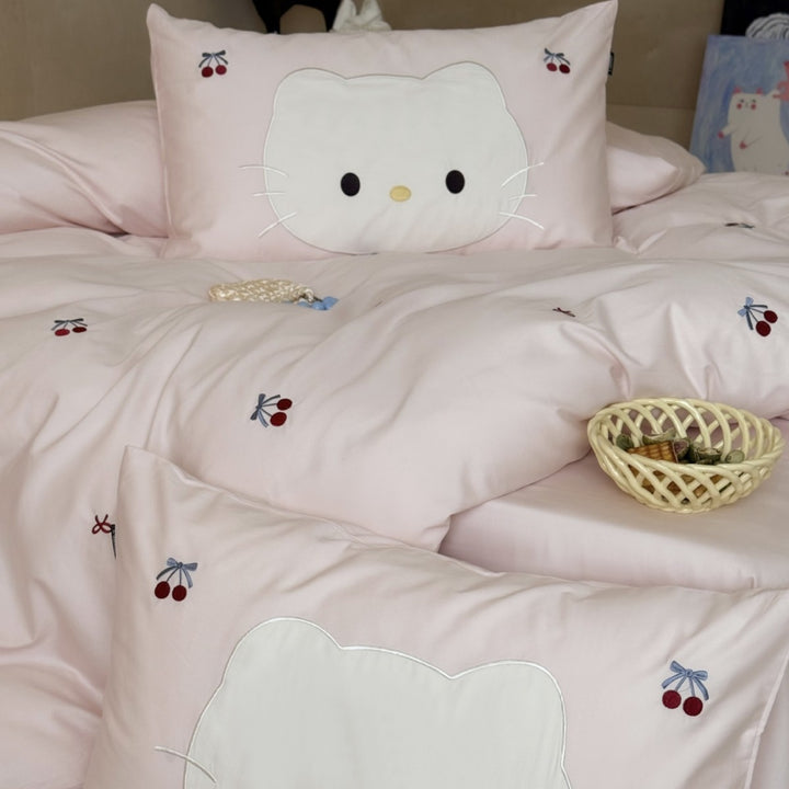 Cute embroidered bedding set with cat applique and cherry motif Kalsten
