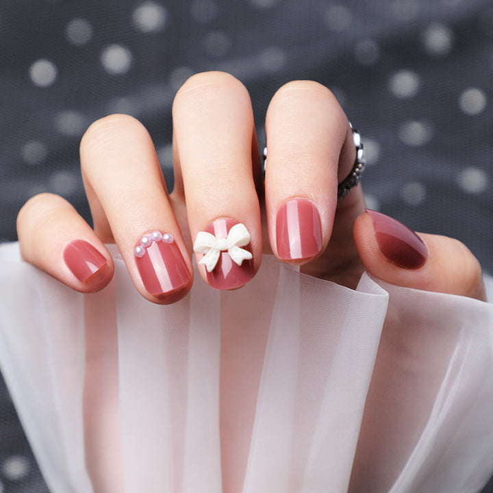 Decorative Press-On Nail Art Set with Bow and Pearl Accents