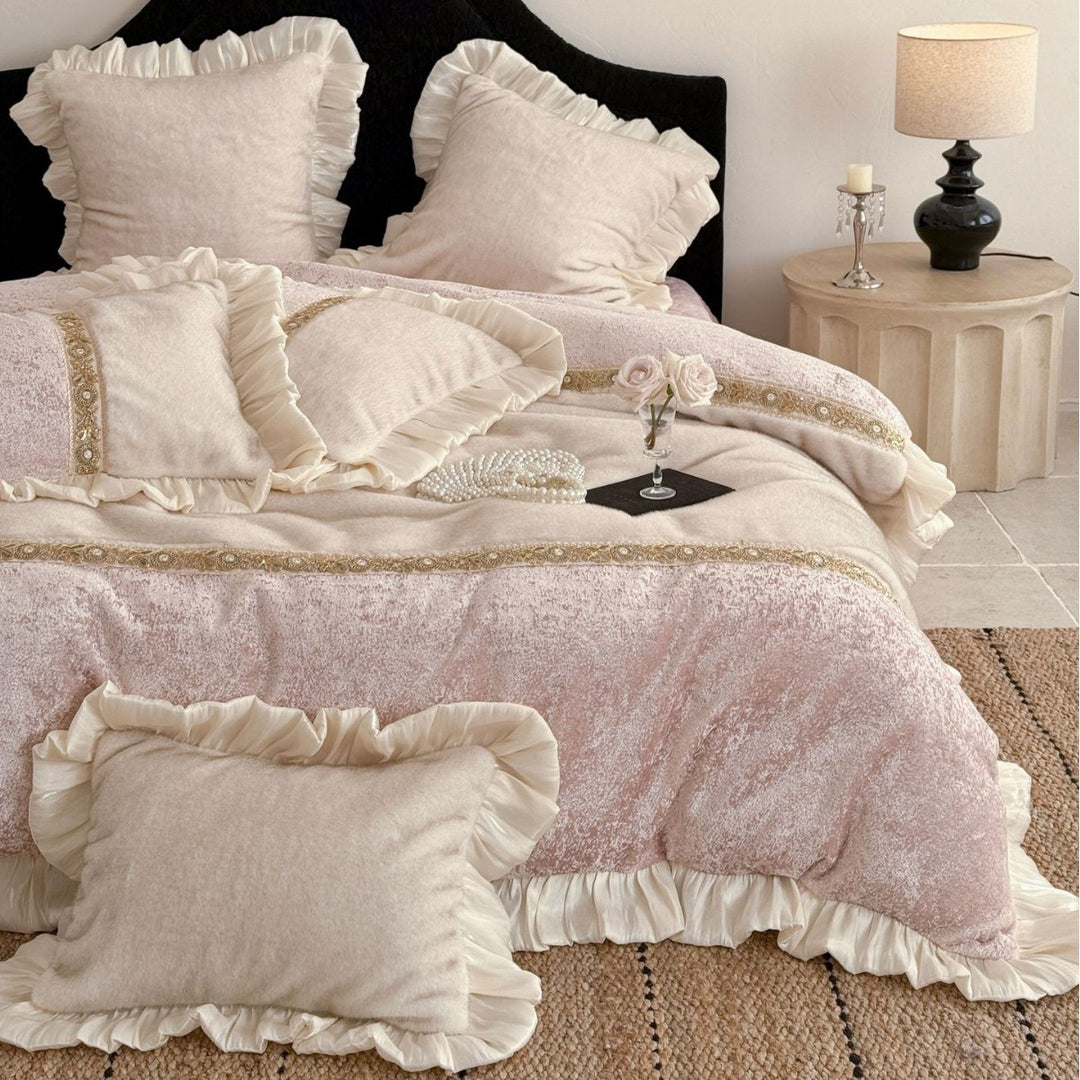 Romantic velvet bedding set with gathered satin frills and decorative ribbon