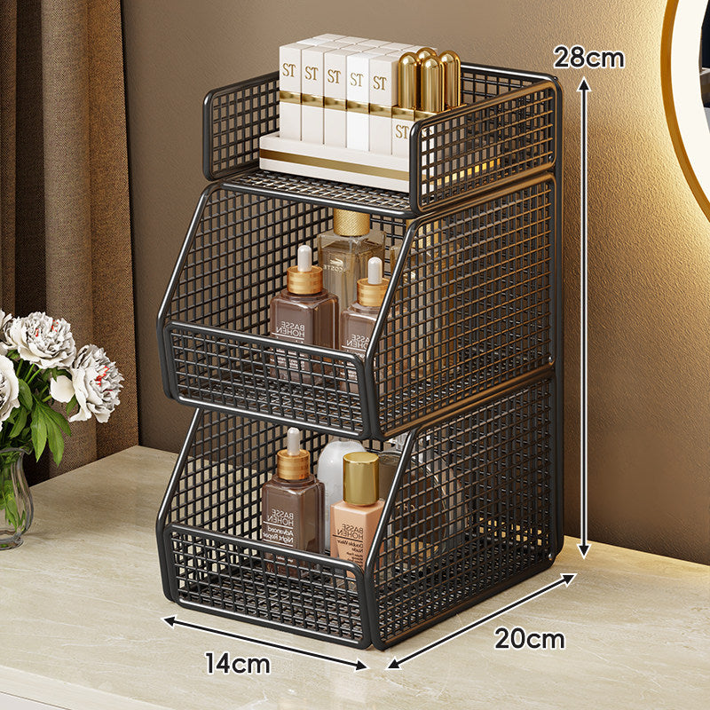 Two-Tier Metal Grid Countertop Vanity Organizer Shelf with Raised Front Lip