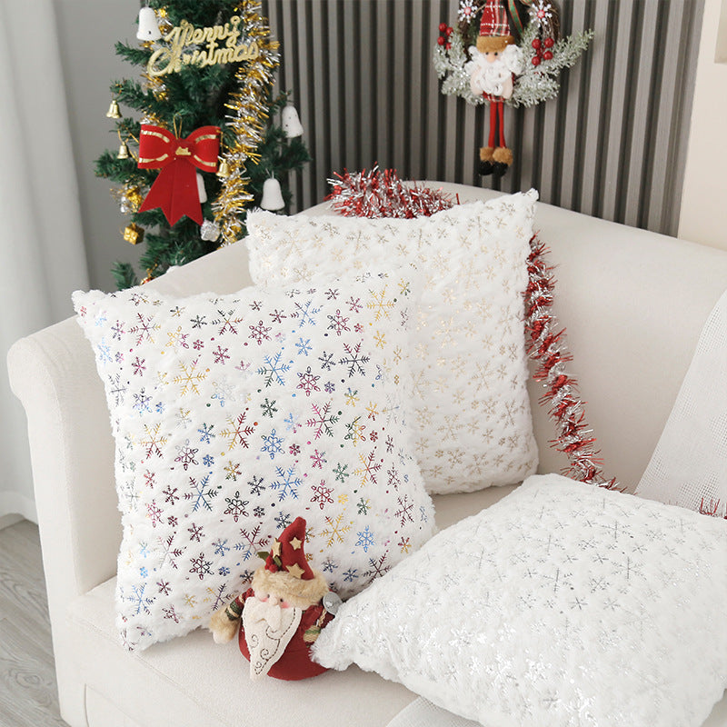 Decorative Faux Fur Square Throw Pillow with Gold Snowflake Foil Accents