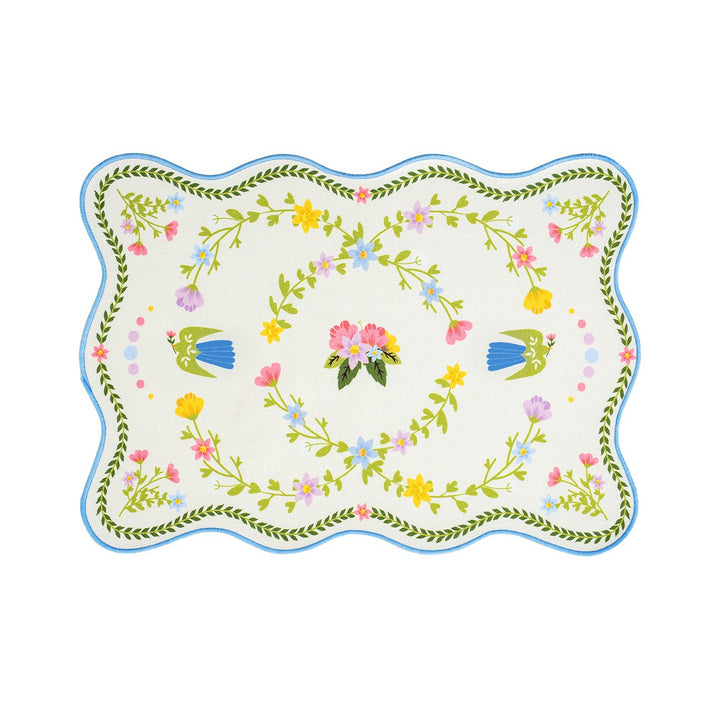 Shaped placemat made of cotton blend with pomegranate and parrot motif