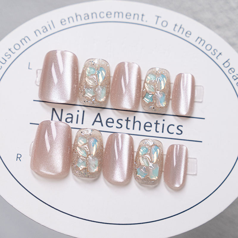 Decorative Press-On Nail Set with Flower and Glitter Accents