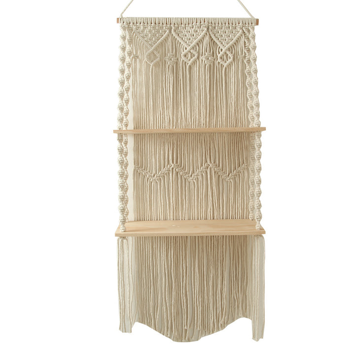 Macrame Wall Shelf with Natural Wooden Shelves Kalsten
