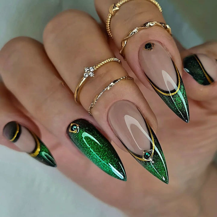 Elegant artificial nails with glitter and metal embellishments Kalsten