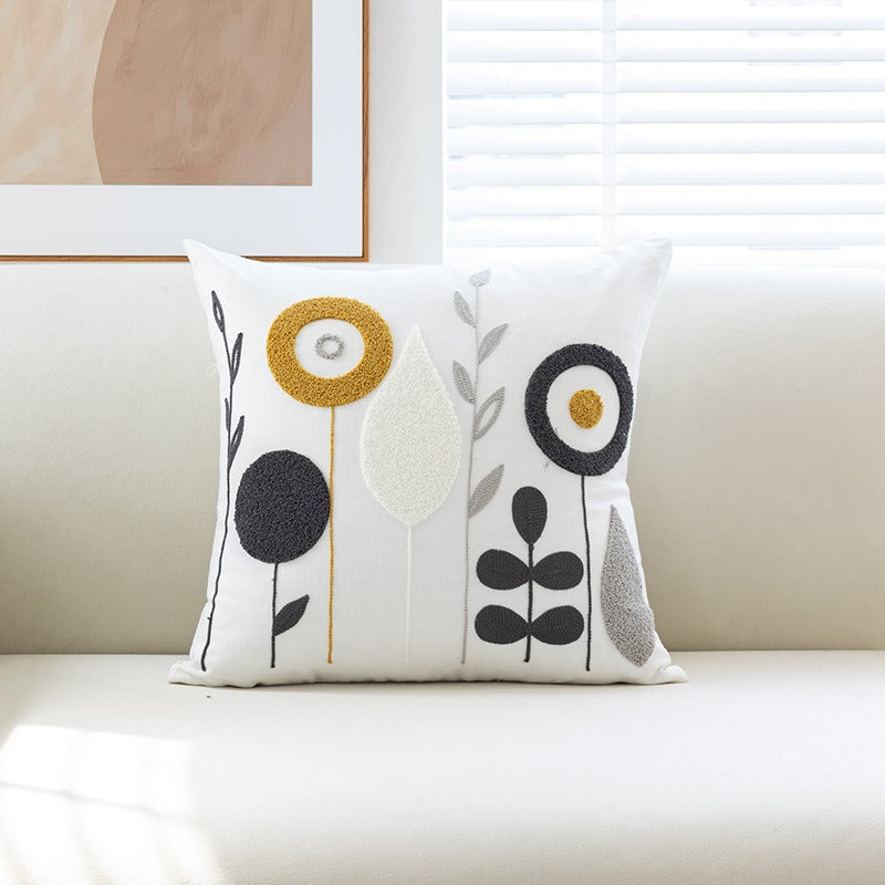 Tufted Floral Embroidered Cotton Throw Pillow Cover with Hidden Zipper