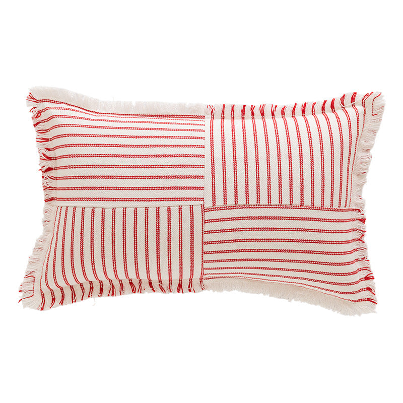 Decorative Rectangular Striped Patchwork Throw Pillow with Fringed Edges