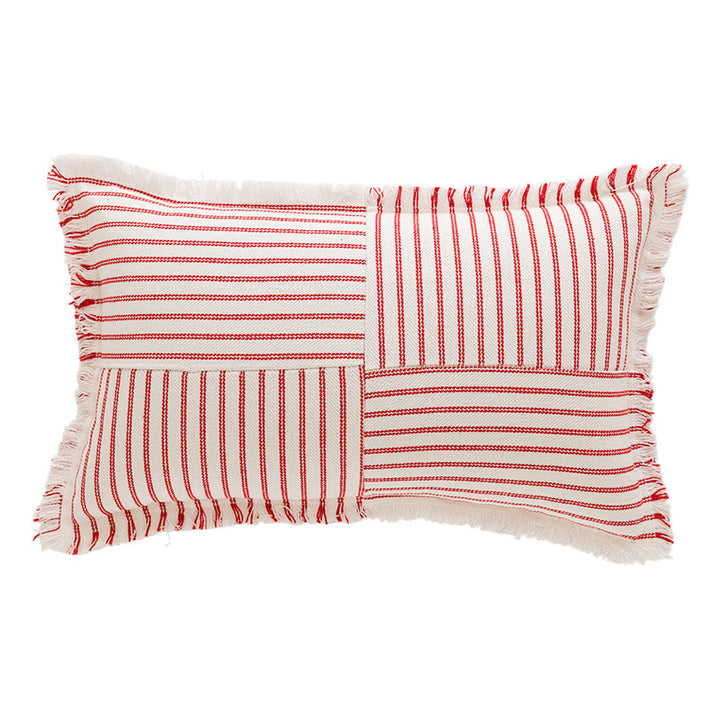 Decorative Rectangular Striped Patchwork Throw Pillow with Fringed Edges