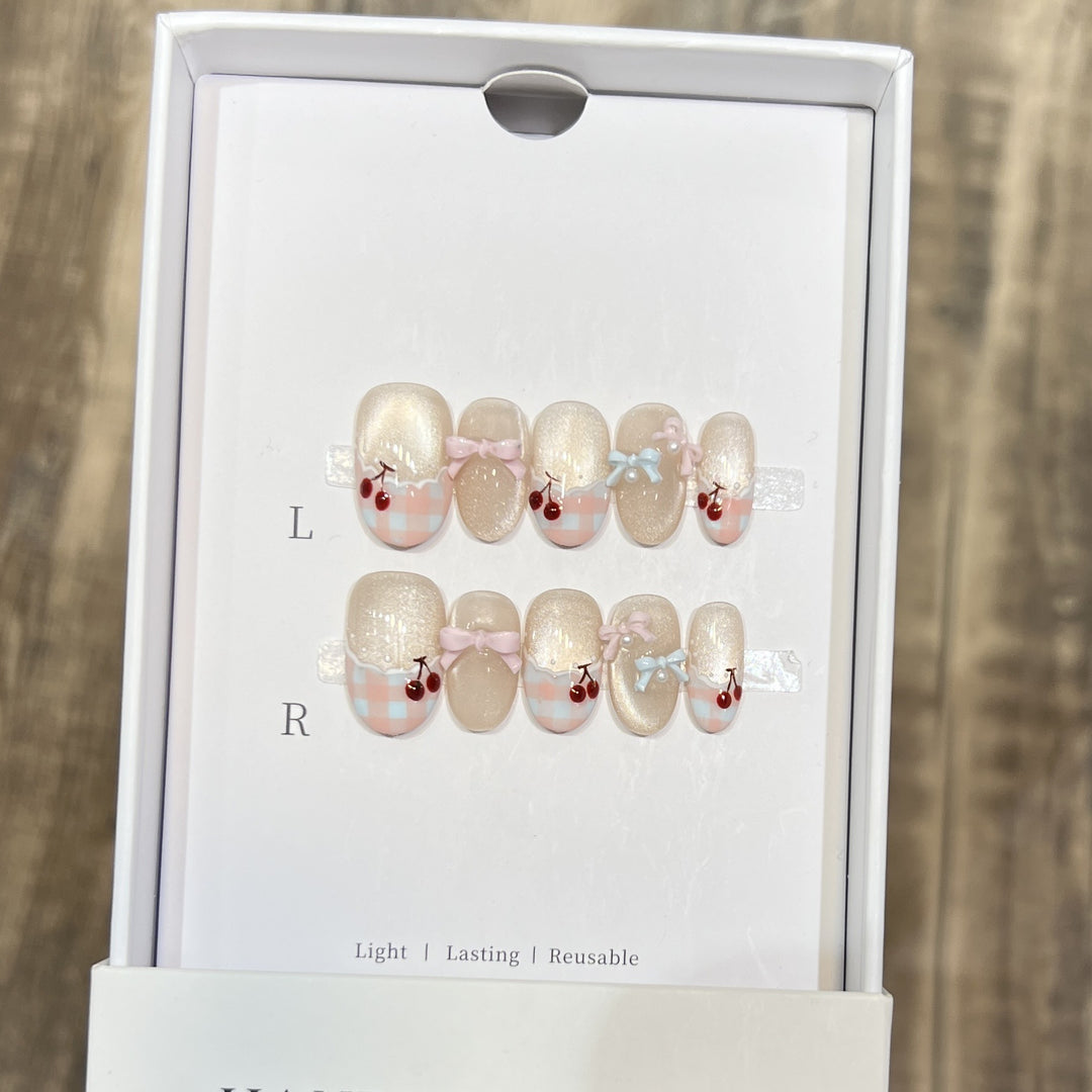 Decorative Press-On Nail Art Set with Charming Bow and Cherry Accents Kalsten