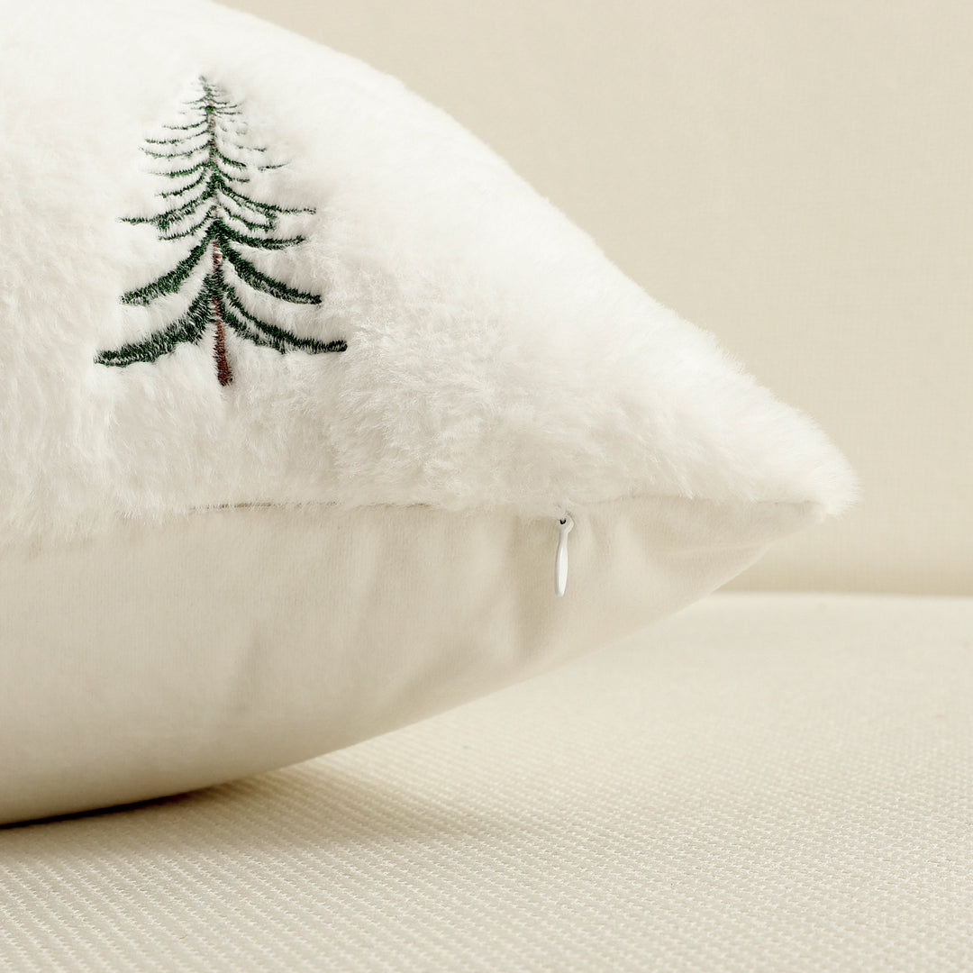 Embroidered Faux Fur Evergreen Decorative Throw Pillow Cover