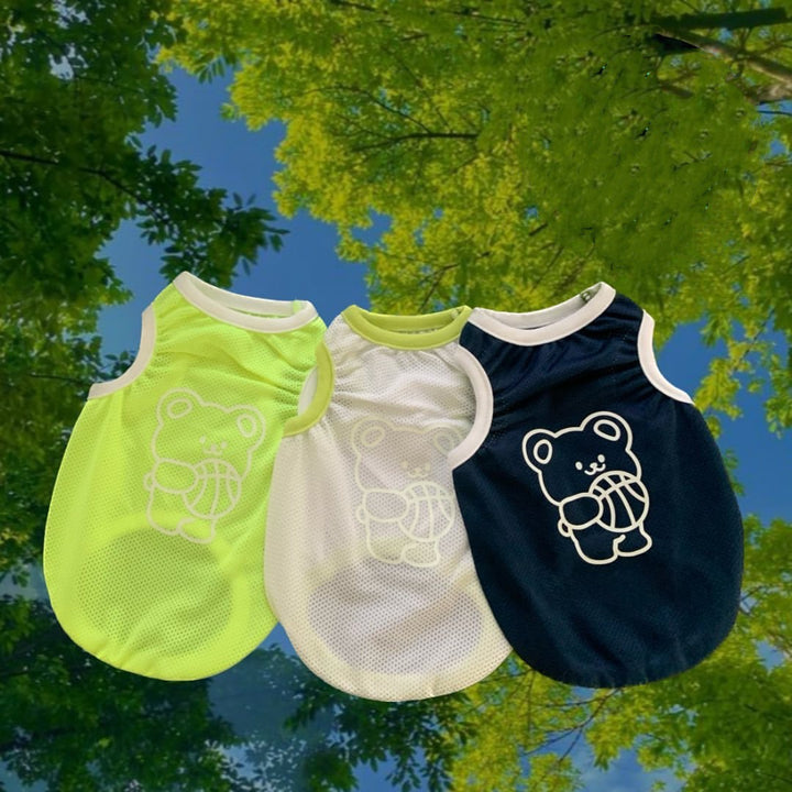 Lightweight Breathable Mesh Pet Tank Top with Reflective Bear Print and Contrast Trim