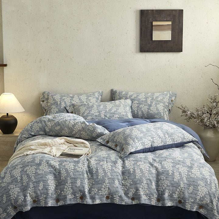 Bedding set – cotton-linen mix with fine flower relief and button placket