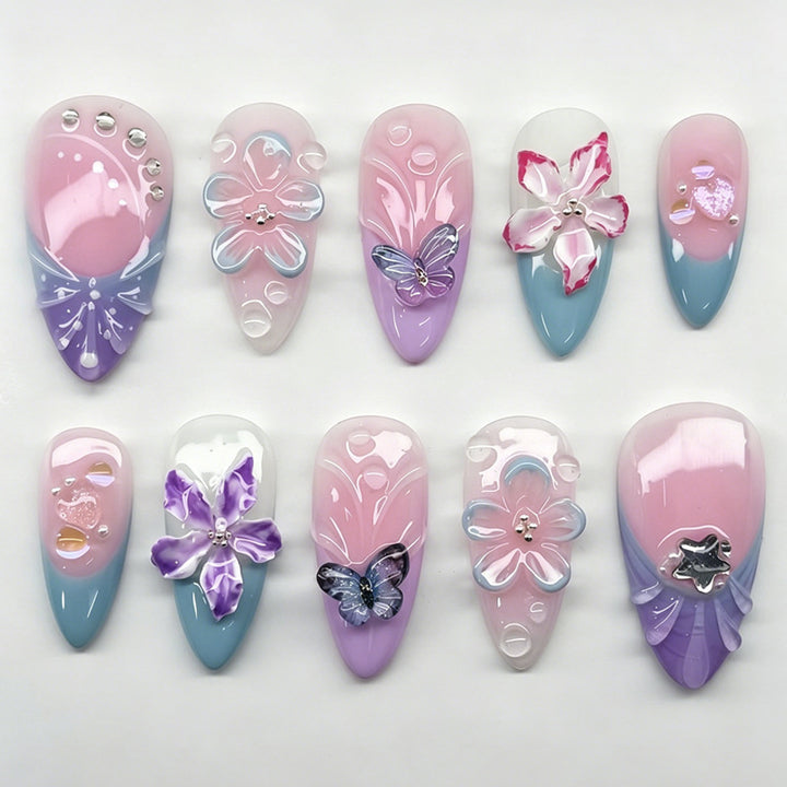 Artificial nail set with elegant flower and butterfly decorations Kalsten