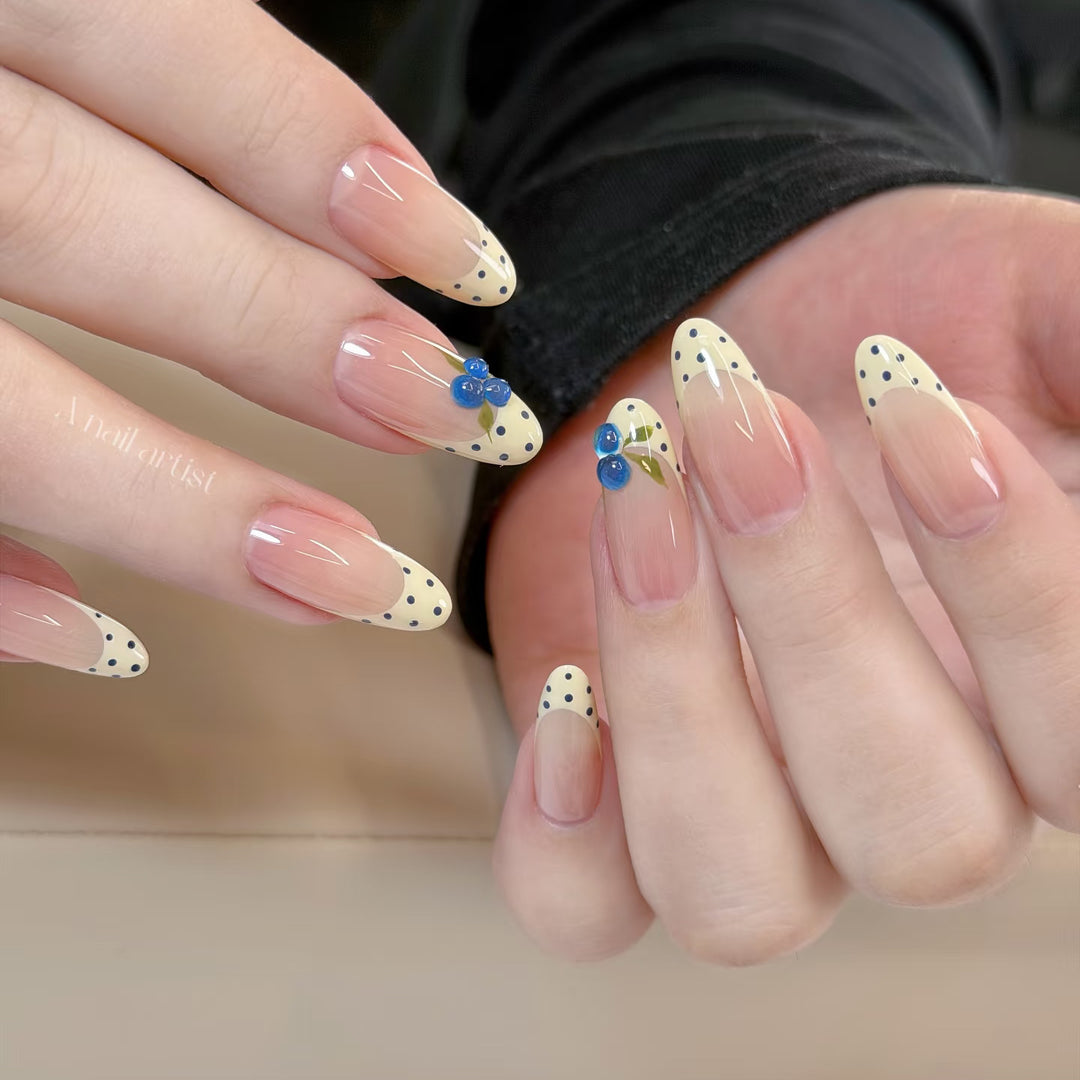 Artistic Press-On Nail Art Set with Polka Dot and Blue Gem Accents