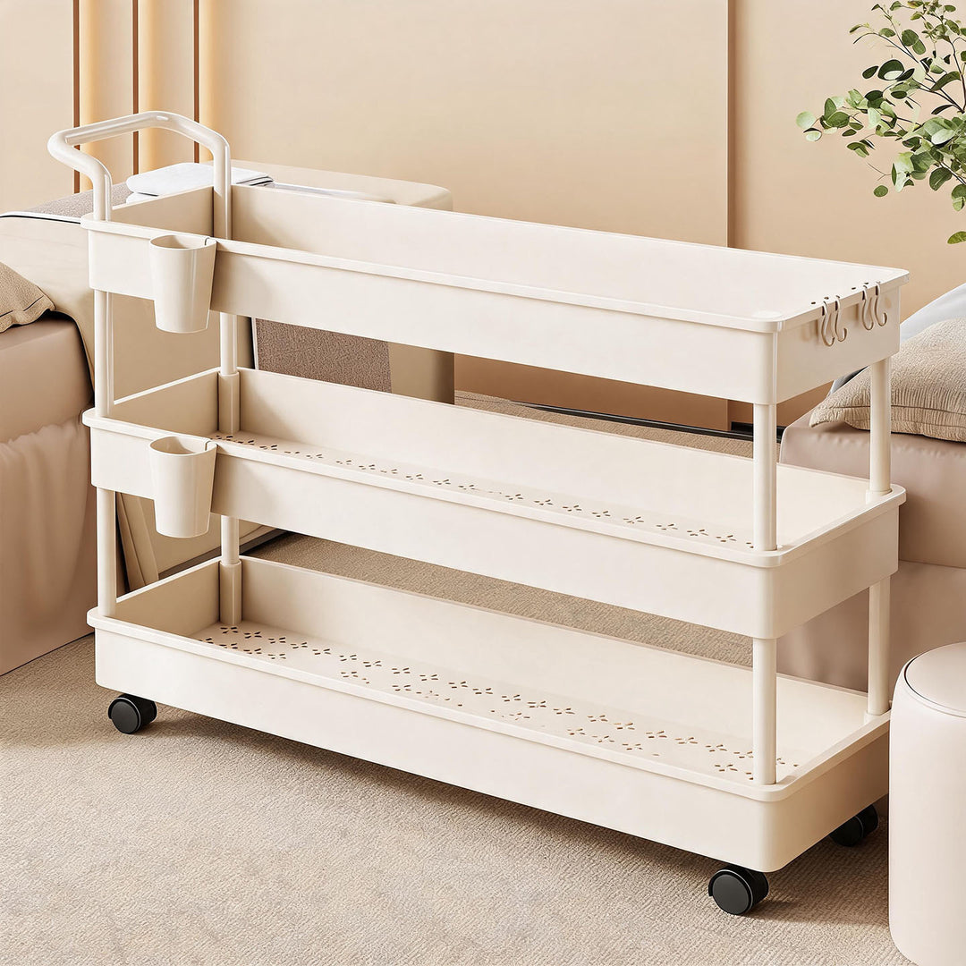 Compact Two-Tier Rolling Storage Trolley with Handle and Hooks