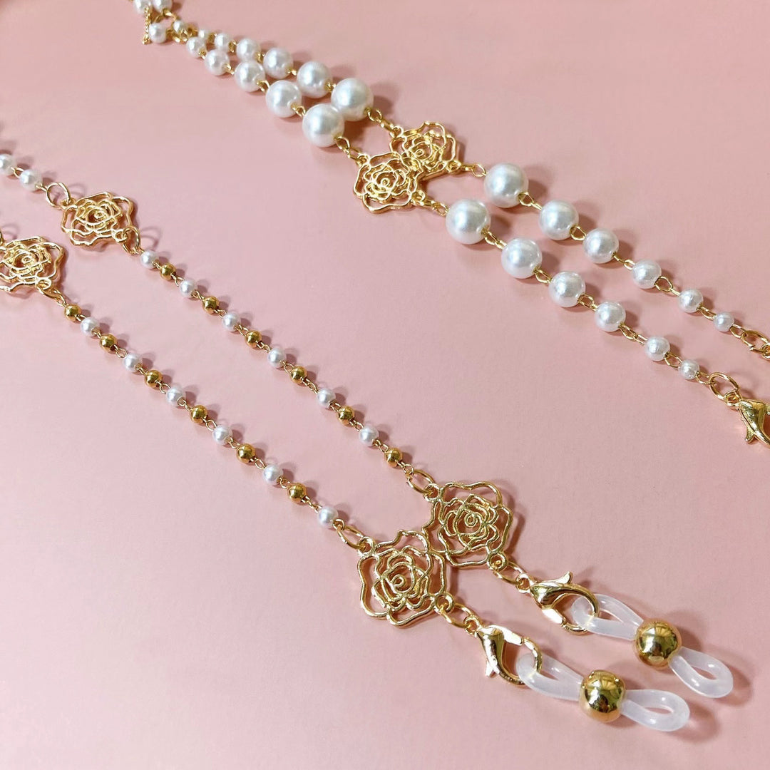 Sparkling glasses holder chain with pearls and floral pendants Kalsten