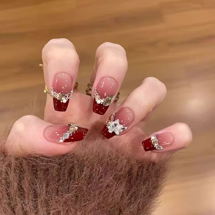 Artistic Long Stiletto Press-On Nail Set with Bow and Gemstone Accents Kalsten