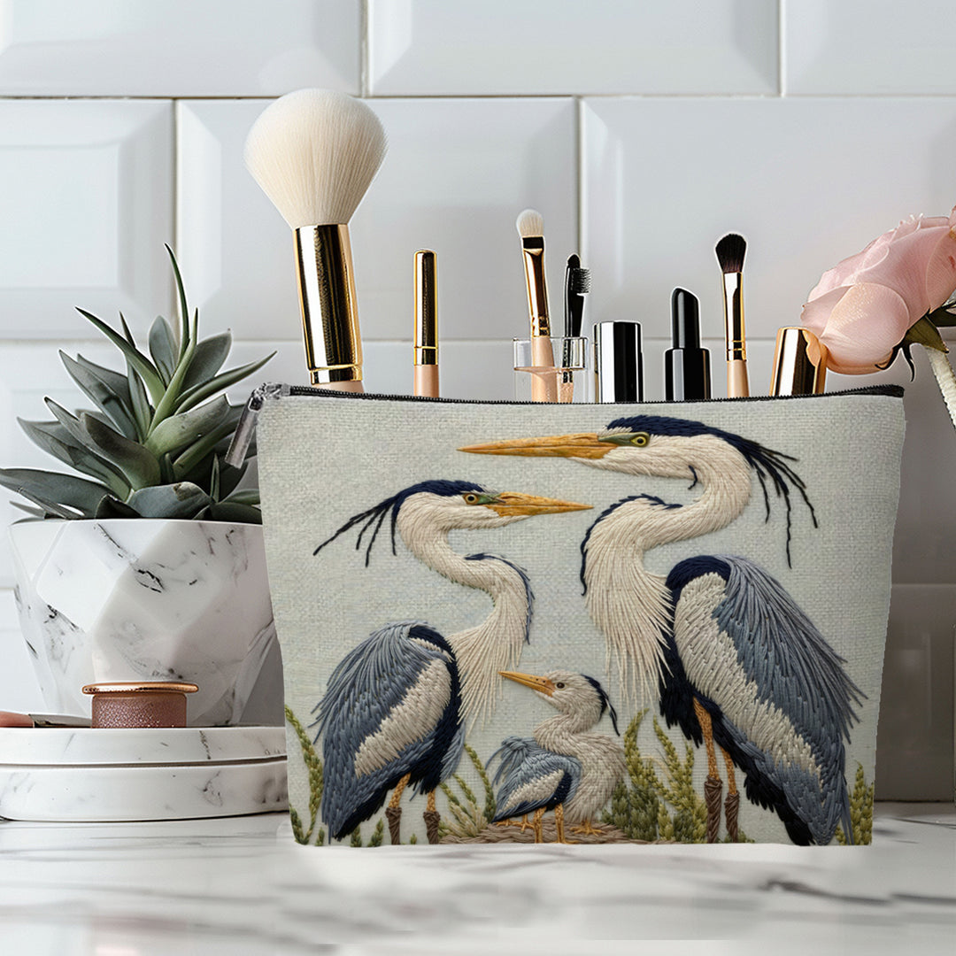 Embroidered Owl Textured Makeup Pouch With Zipper And Water-Resistant Lining