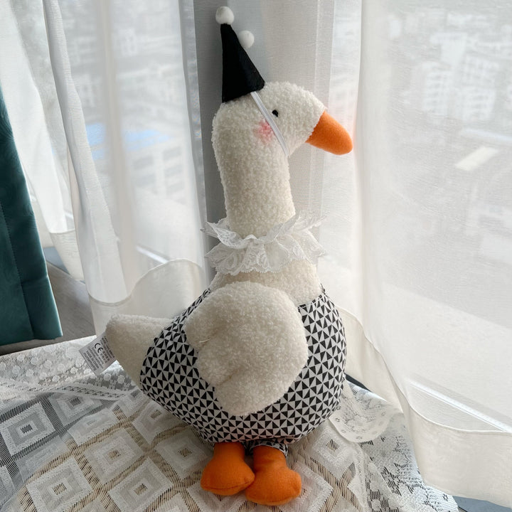 Plush Decorative Goose Soft Toy with Lace Collar and Geometric Body