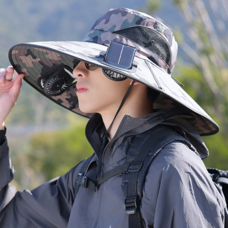 Wide-brimmed outdoor sun hat with solar-powered micro fan, breathable mesh and adjustable chin strap Kalsten