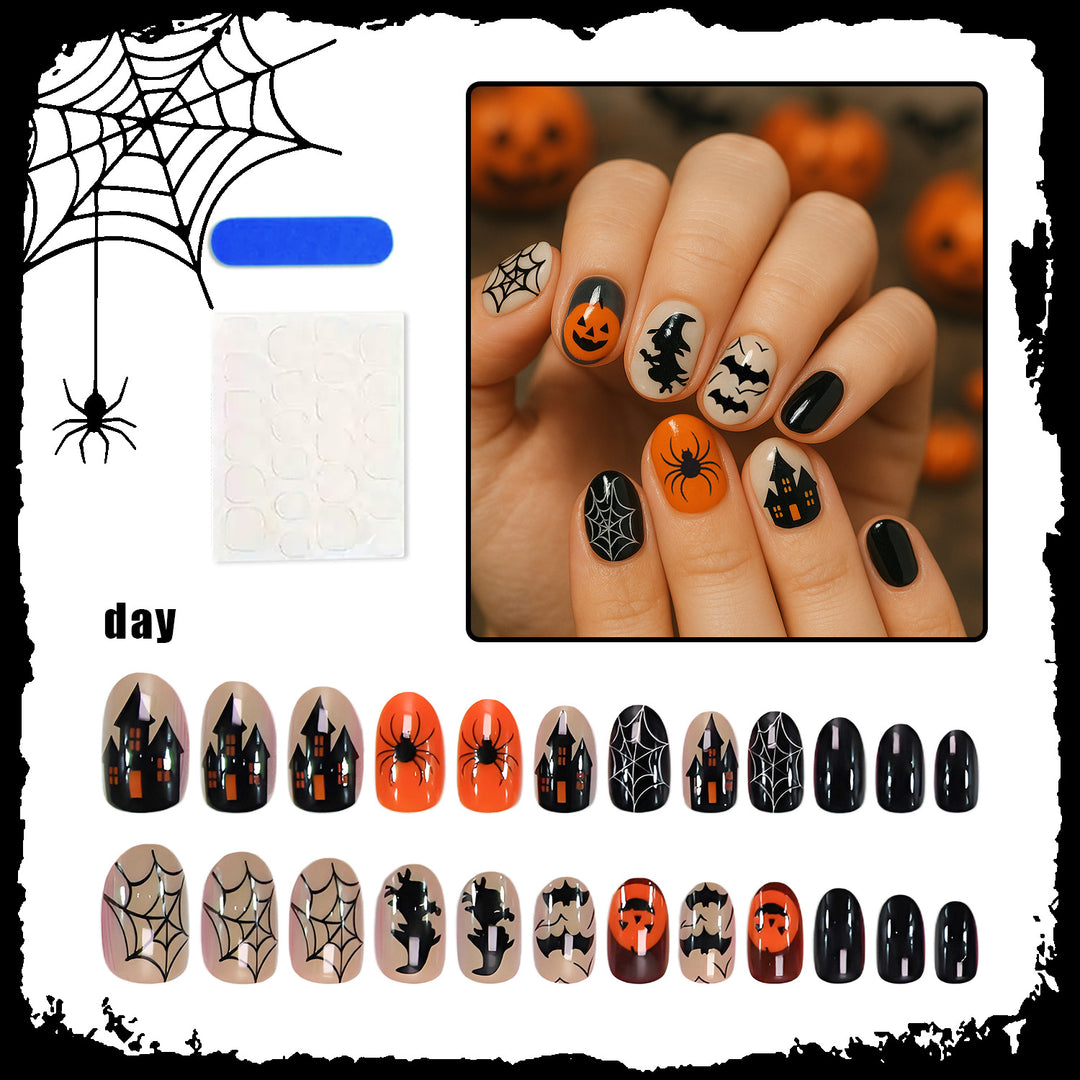Halloween Artificial Nail Set with Creative Spider and Pumpkin Designs Kalsten