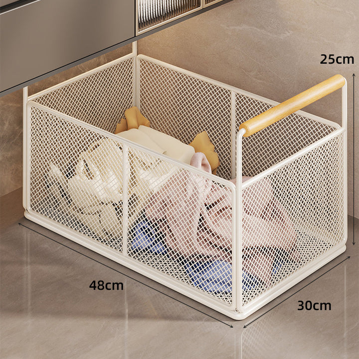 Large Rectangular Metal Mesh Utility Basket with Wooden Handle
