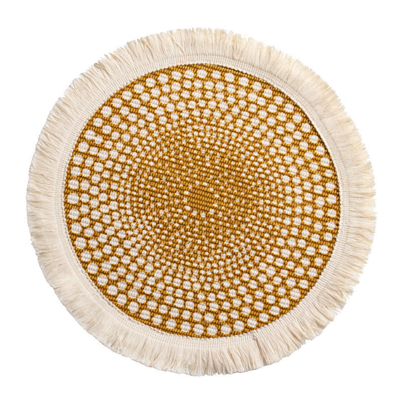 Beef handwoven cotton rug with fringes and graphic ethnic jacquard