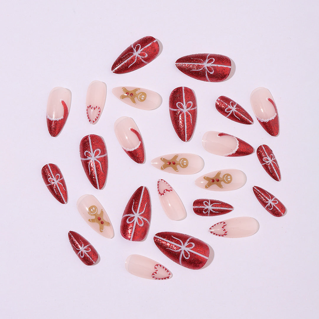Artificial nail set with festive candy cane and gingerbread pattern Kalsten