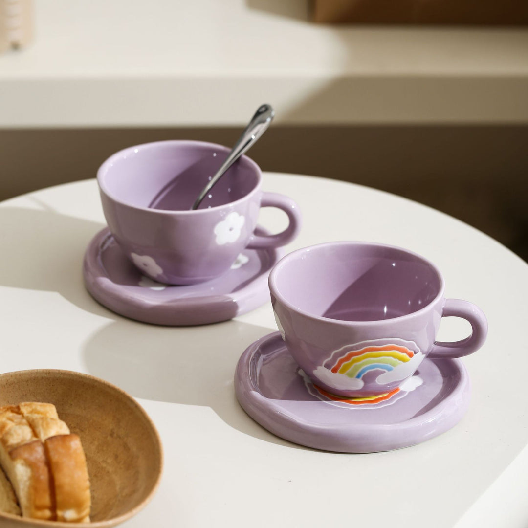 Pastel Design Ceramic Mug Set with Saucer and Raised Rainbow Relief