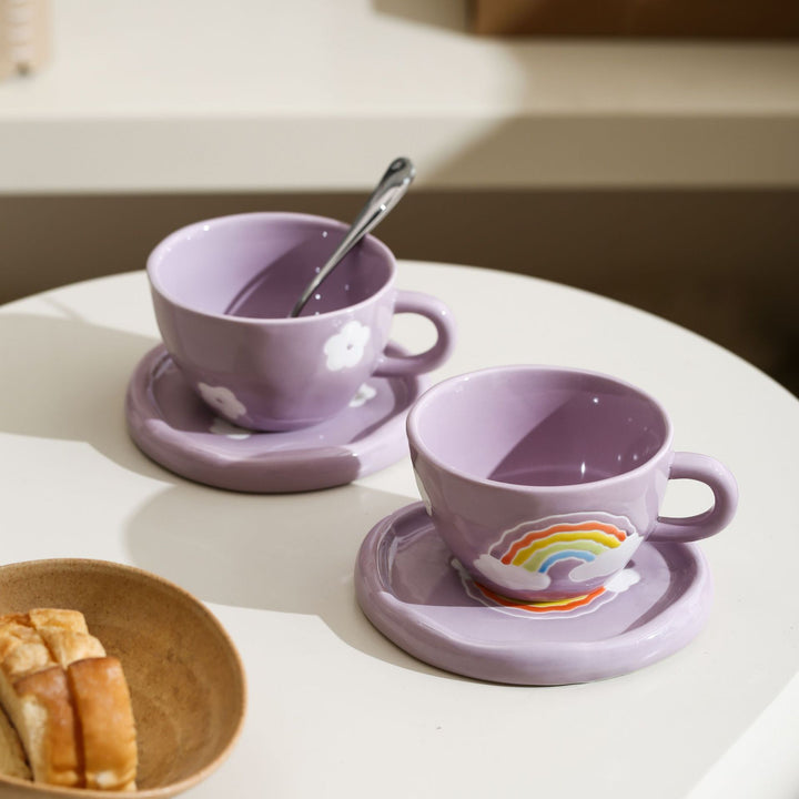 Pastel Design Ceramic Mug Set with Saucer and Raised Rainbow Relief