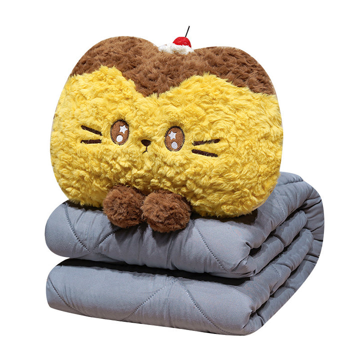 Cuddle set made of plush cat cushion and quilted travel blanket with zipper storage