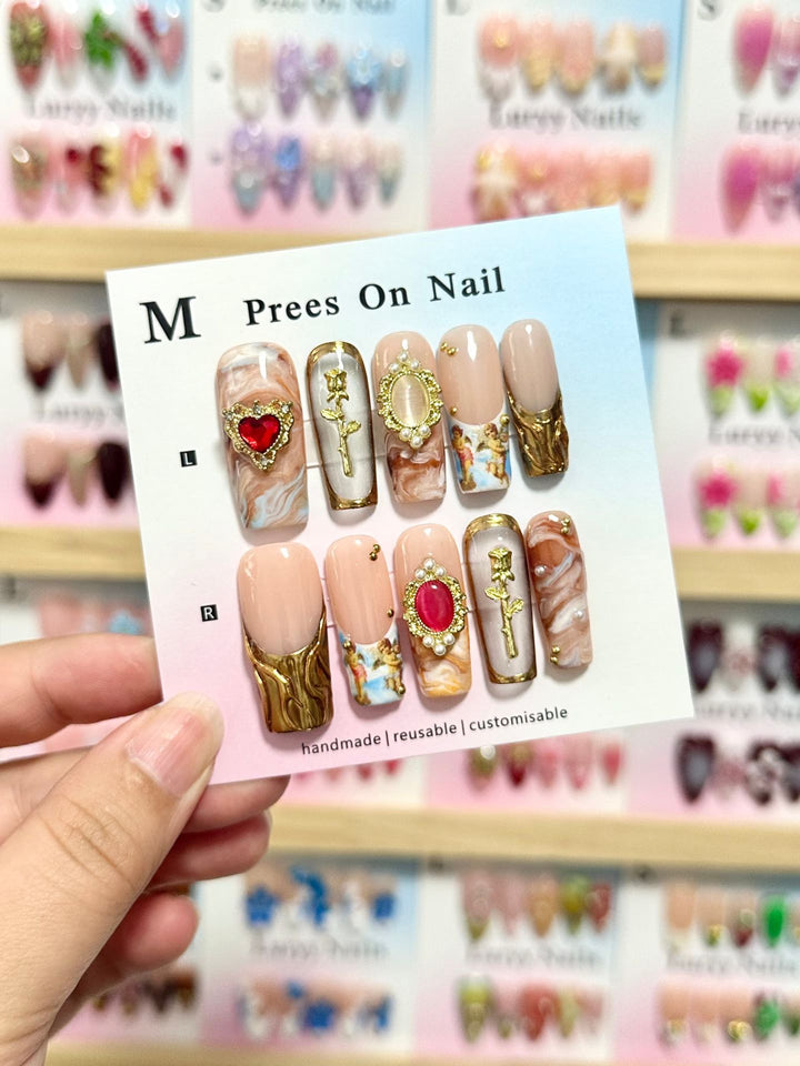 Artistic Press-On Nail Set with Decorative Elements