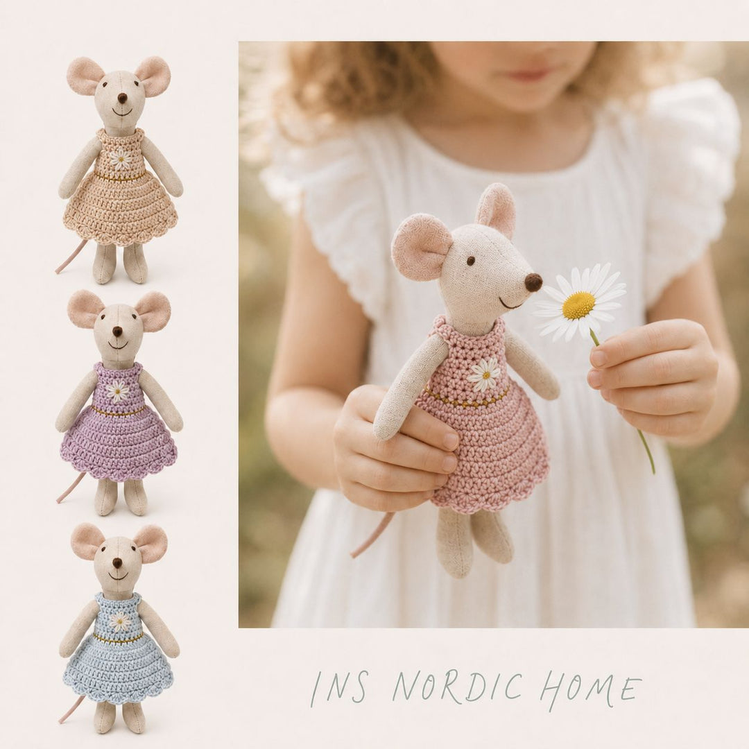 Miniature Hand-Sewn Linen Mouse Soft Toy with Crocheted Dress