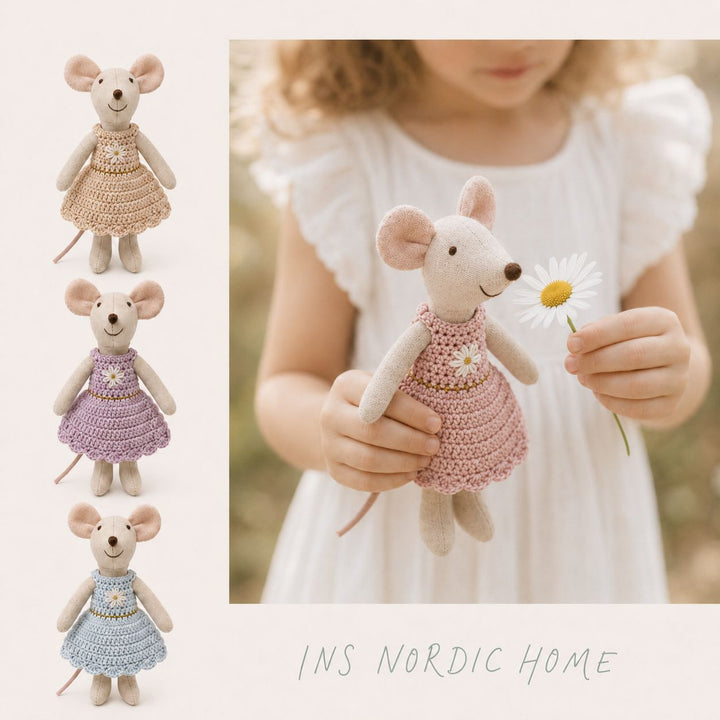 Miniature Hand-Sewn Linen Mouse Soft Toy with Crocheted Dress