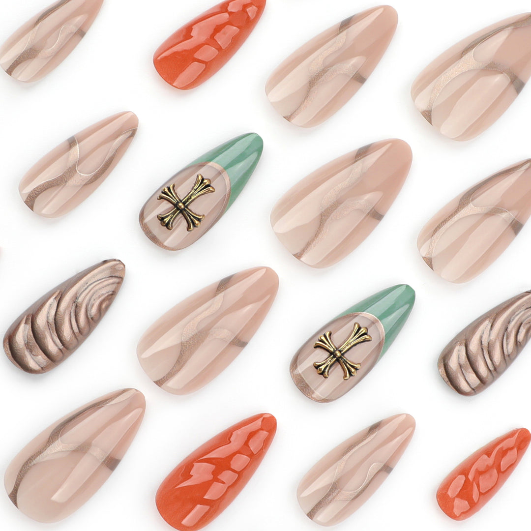 Artful stiletto nails with glitter and motif decorations Kalsten