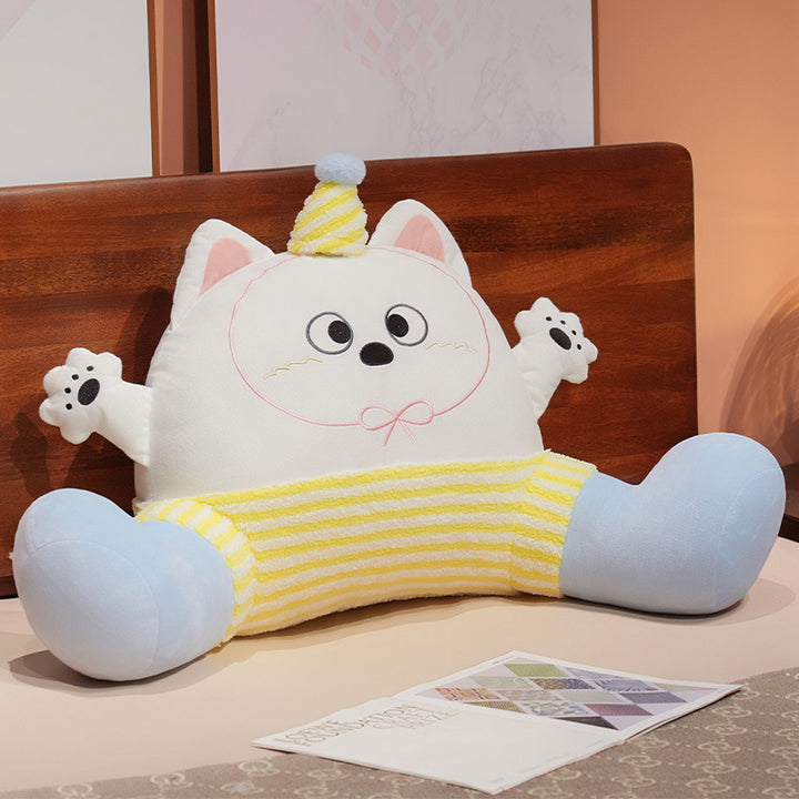 Large plush reading pillow with armrests and cute cat design